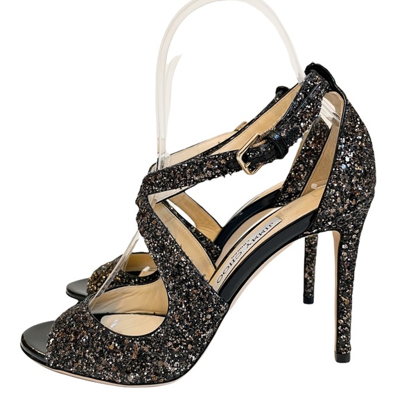 Jimmy Choo Emily 100 Bronze Mix Midnight Coarse Glitter Fabric Sandal EU 37.5 - Picture 11 of 11